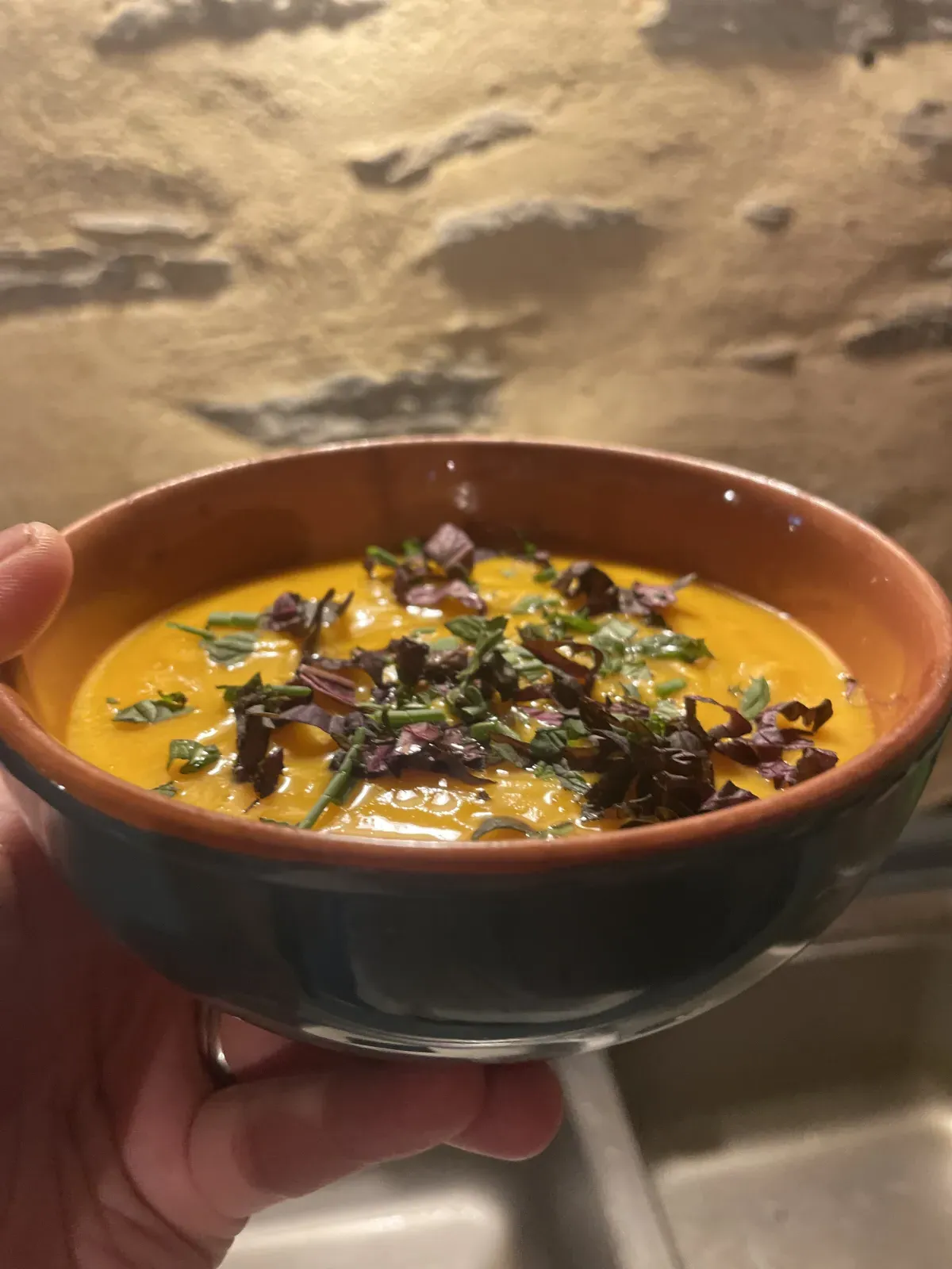 Velouté de potiron aux herbes fraîches, entrée de la table d'hôtes